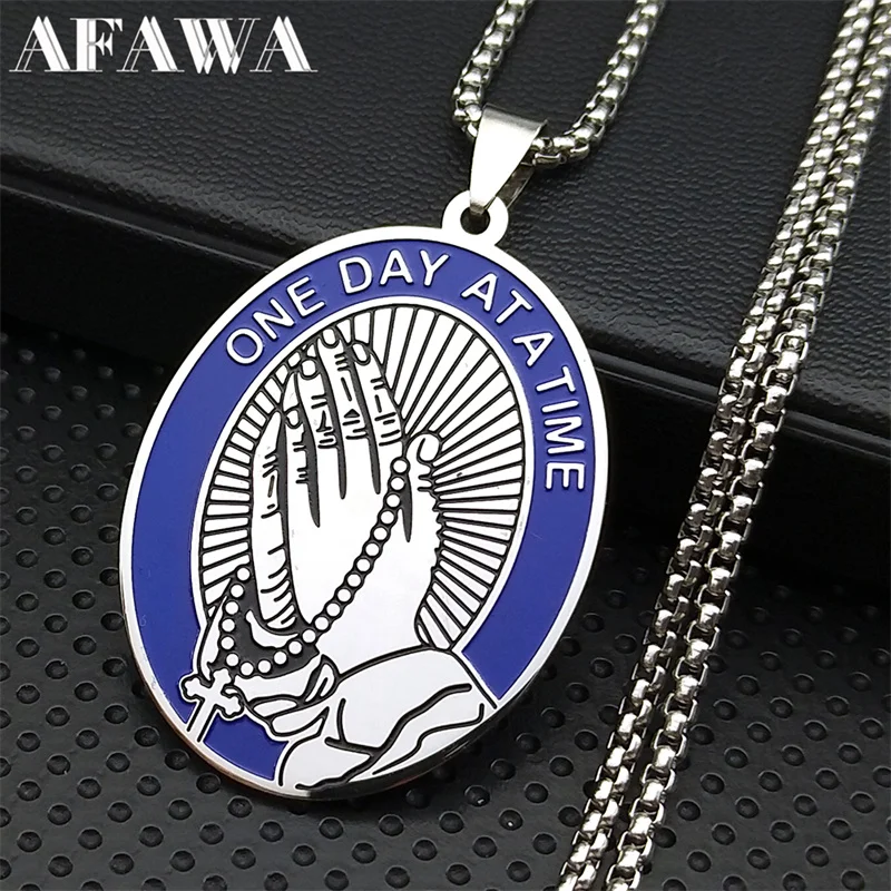 One Day at a Time Pray Hand Rosary Cross Pendant Necklaces for Women Men Stainless Steel Catholic Amulet Chain Jewelry N9628S02