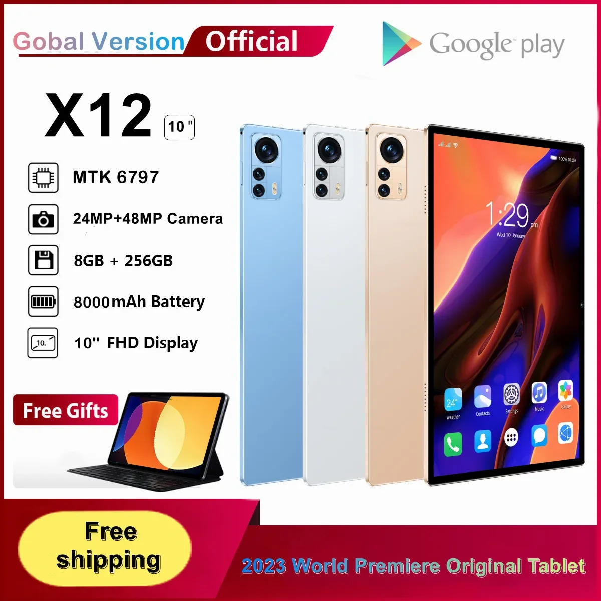 

Планшет X12 на Android 12, MTK6797, 10 дюймов, 2023 Гц, 8 + 120 ГБ, 256 мАч