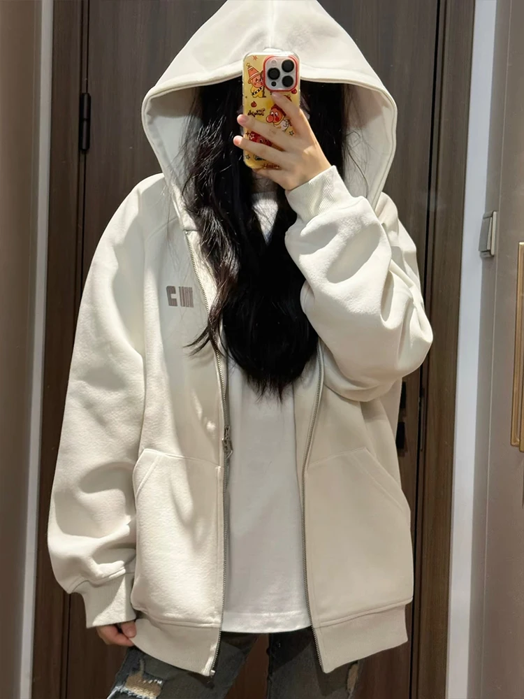 Damen-Strickjacke, übergroß, lässig, mit Kapuze, Reißverschluss, bestickt, lockerer amerikanischer Stil, fauler Windmantel, Herbst-Winter-Paar