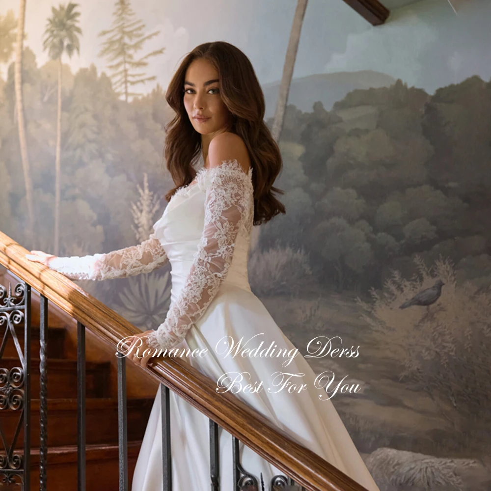 Elegant Lace A-Line Wedding Dresses Long Sleeves Strapless Pleat Open Back Satin Off The Shoulder Vestidos De Novia Customized