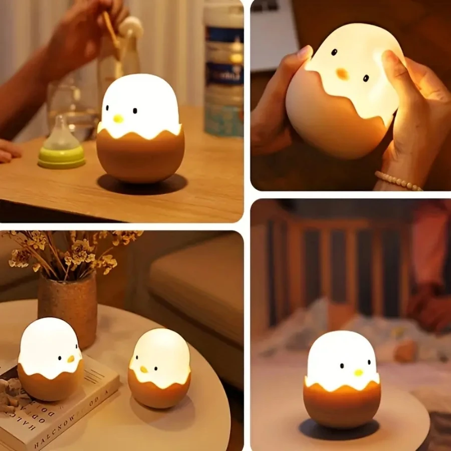 Cute LED Creative Silicone Eggshell Chicken Night Light,Bedroom Accompanying Sleeping Light,Desktop Decorative Ornaments Lamp