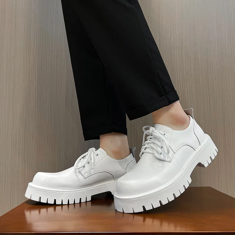 Men Korea Leather Platform Oxfords Slip on Thick Tottom for Male Derby Shoes Casual Loafers Mens Square Toe Formal Dress Shoes