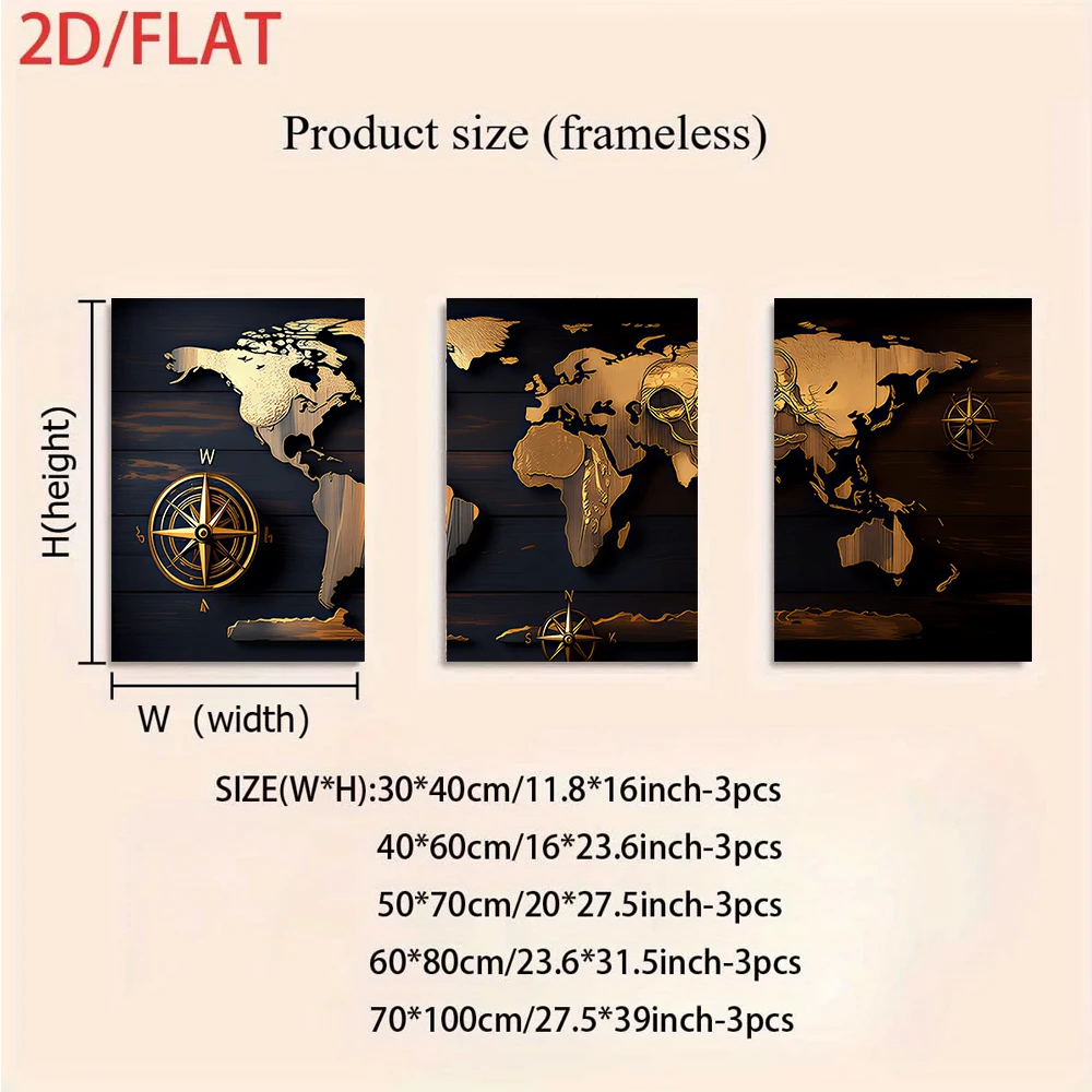 1 set of 3 frameless decorative paintings, vintage wood texture, gold world map and nautical compass, 2D flat home decoration.