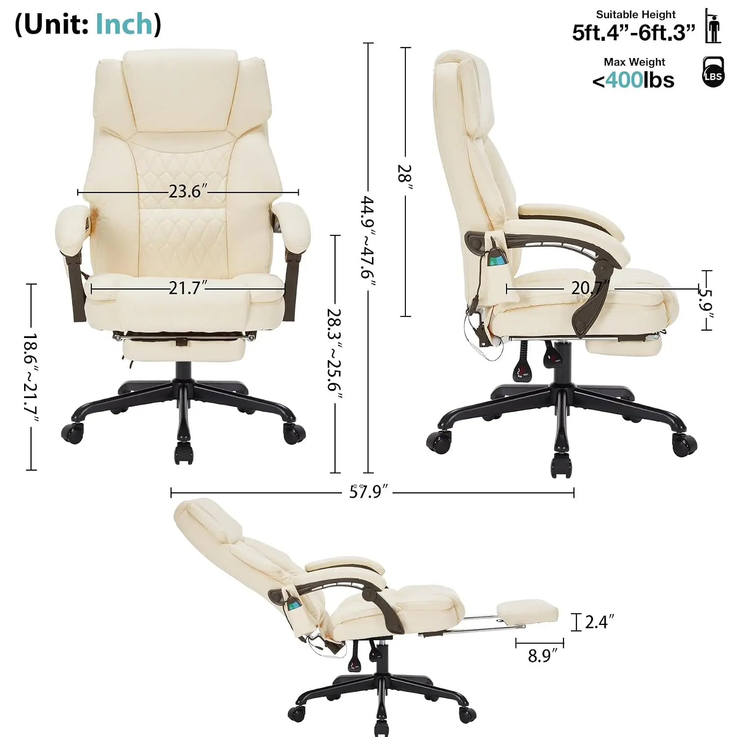 Massage Office Chair with Foot Rest 6 Points Vibration and Heat Home Office Desk Chairs for Heavy People 400lbs Reclining Manage