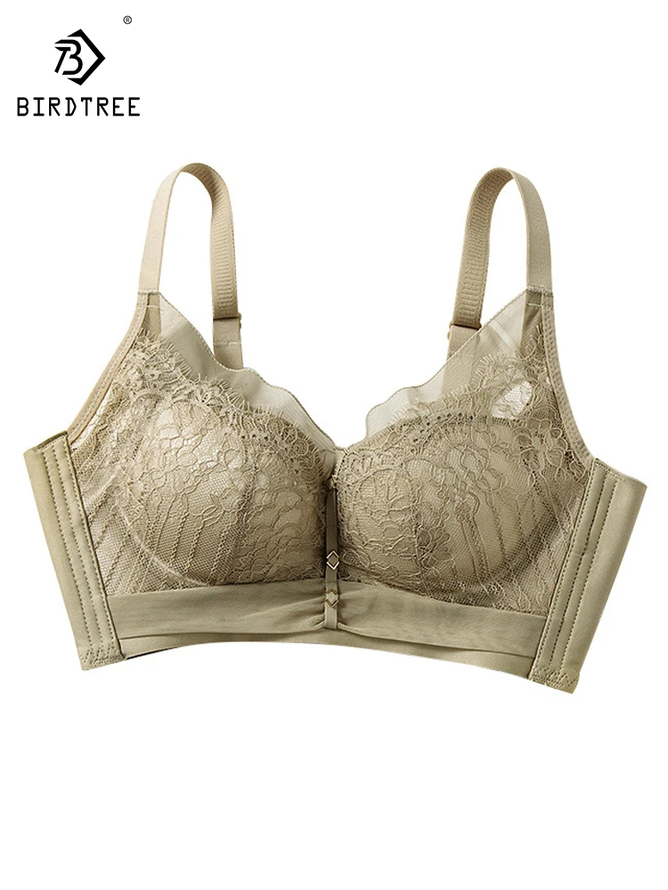 

Birdtree Lining 100%Mulberry Silk Lace Bra No Steel Ring Adjustable Gathering French Sexy Girl No Trace Gathering Bra P30529QC