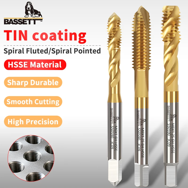 

BASSETT 1pcs Golden Tap Titanium Coated Spiral Fluted/Pointed Tap Metric M2-M24 Machine Plug Tap HSSE Threading Tool Tap Bit