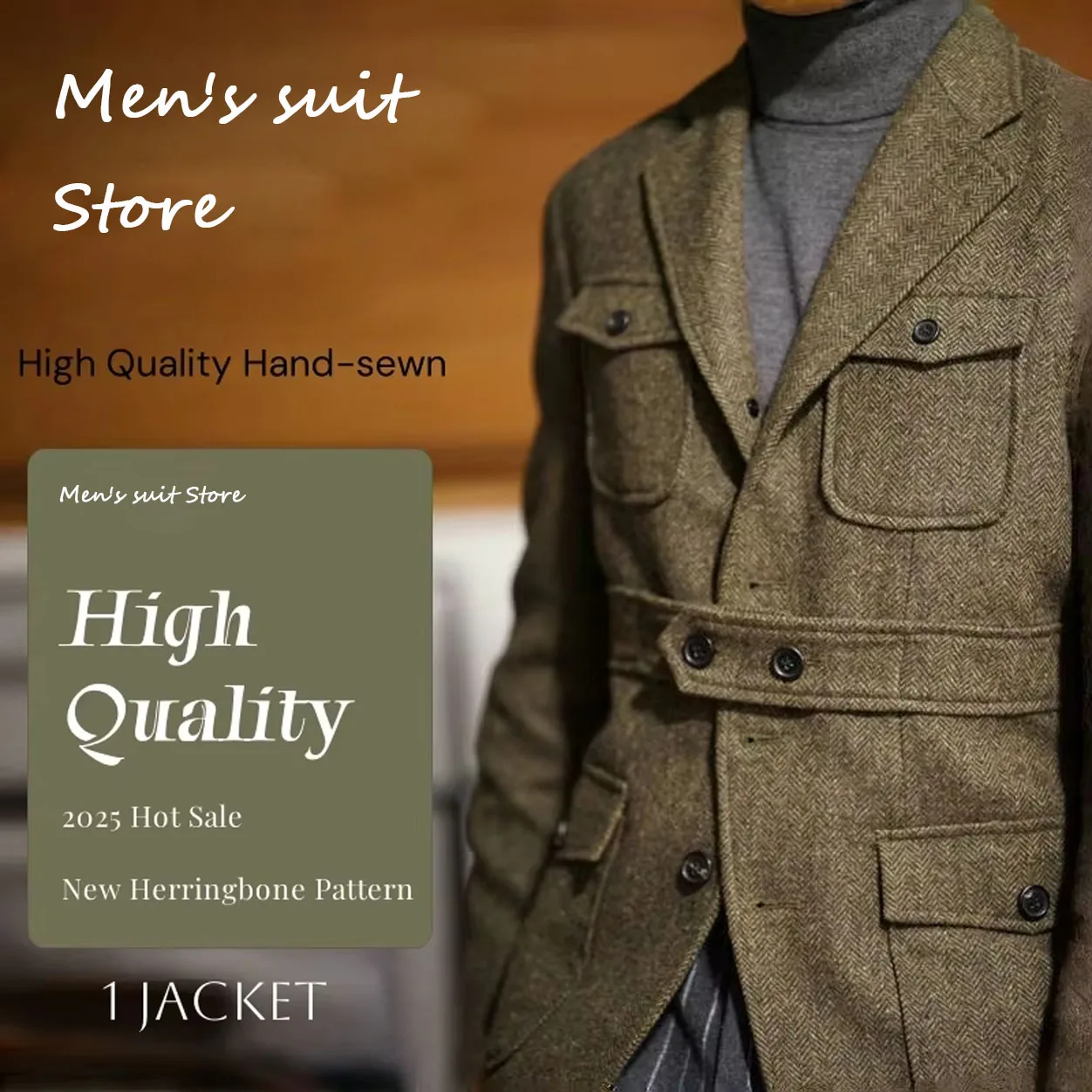 

Men's Classic Herringbone Tweed Hunting Jackets Blazer Three Buttons Sport Coats Wool Blend Coat with Four Pockets 2025 NEW