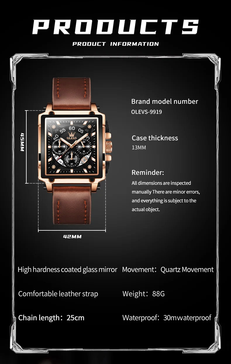 OLEVS 9919 ساعة كوارتز مربعة للرجال مقاوم للماء حزام من الجلد الرياضة التقويم الموقت مضيئة ساعة يد رجالي ساعة Reloj Mujer