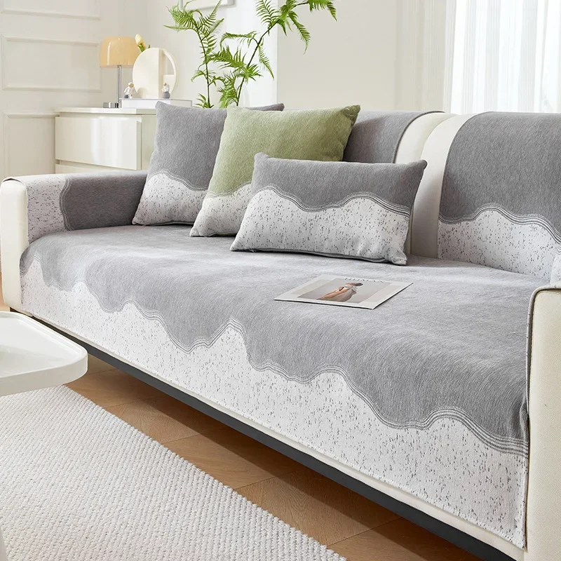 Soft Chenille Embroidery Four Season Universal Sofa Towel, L-shaped Sectional Anti-slip Sofa Cover for Living Room