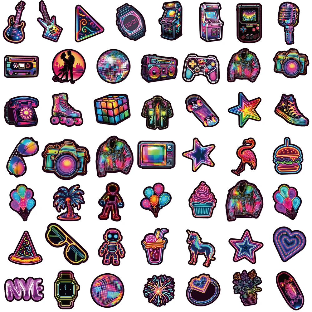 10/30/50pcs Cool Neon Light Cartoon Stickers DIY Motorcycle Phone Suitcase Skateboard Funny Graffiti Waterproof Sticker Decals