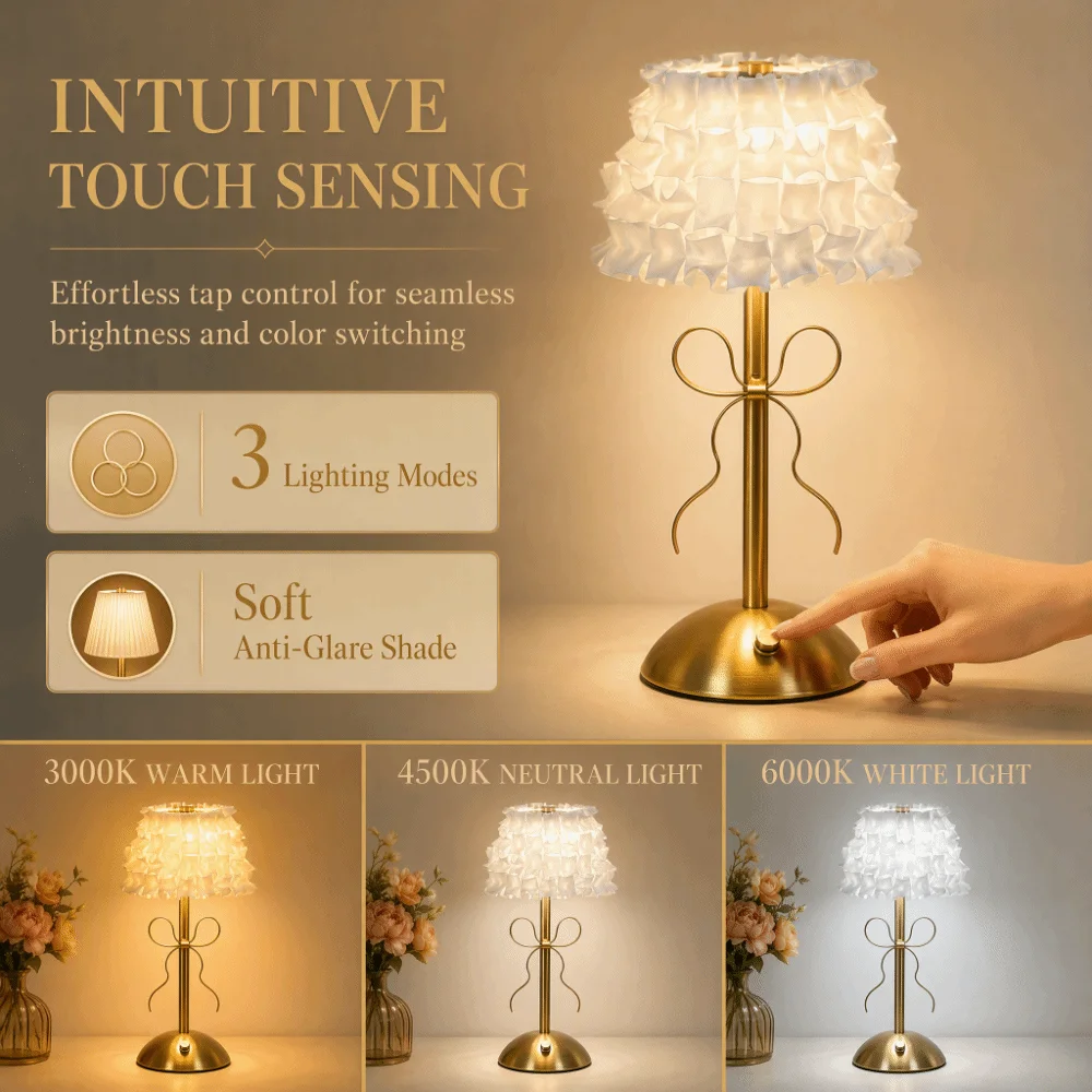 French Style Bow Table Lamp Luxury Type-C Rechargeable Rechargeable Small Lamp Wireless Retro Artistic