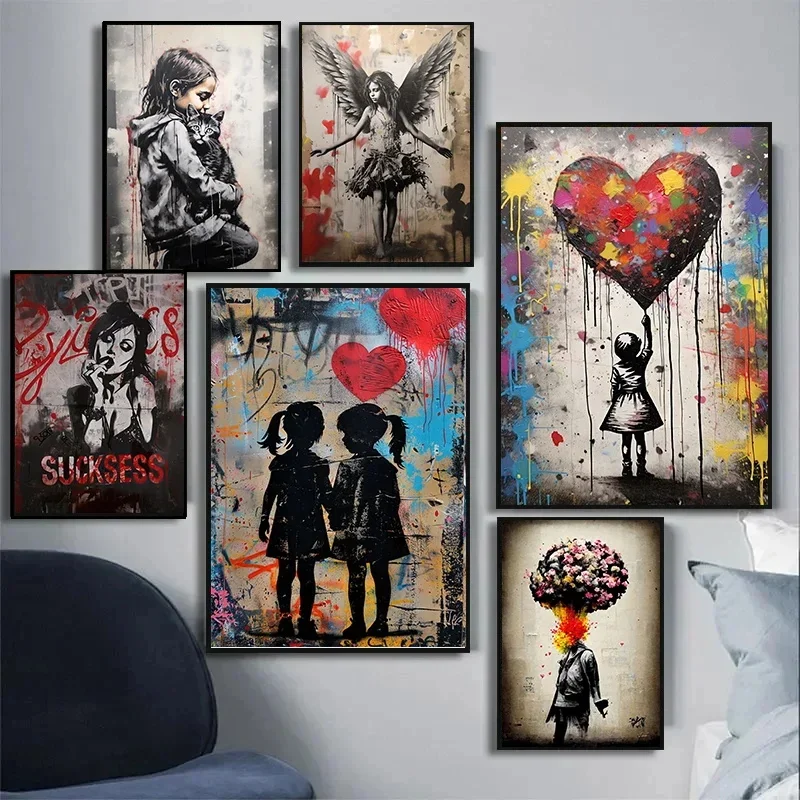 Pop Street Graffiti Wall Art Posters Banksy Boy Girl with Balloon on Canvas Posters Prints Painting Living Room Home Decor Gifts