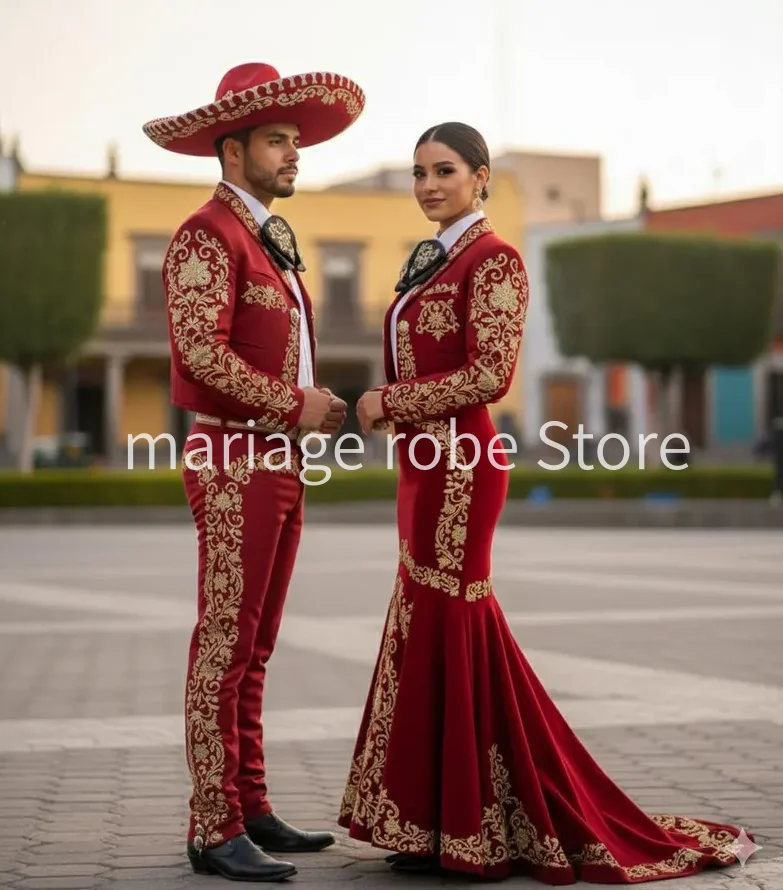 Bespoke Red Mariachi 3-Piece Prom Party Gown Suit Gold Embroidered Bride Wear Mexican Attire Evening Celebrity Dress Customized