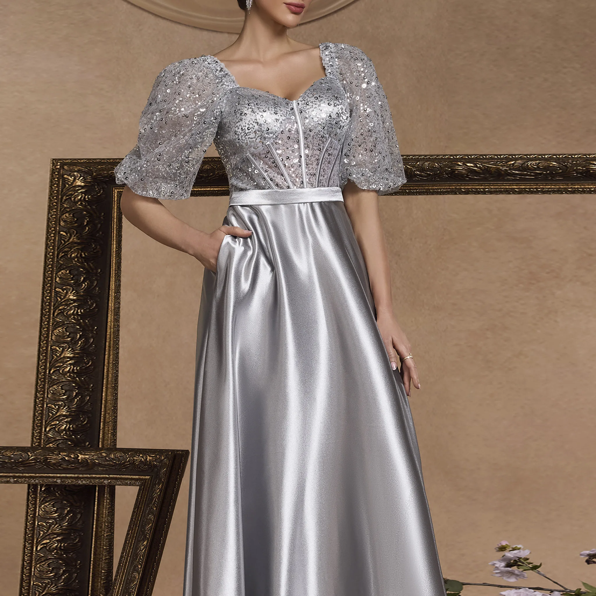 Rosymae Sparkly zilveren formele galajurk met halve mouwen voor dames met zak Queen Anne-hals elegante avondjurk