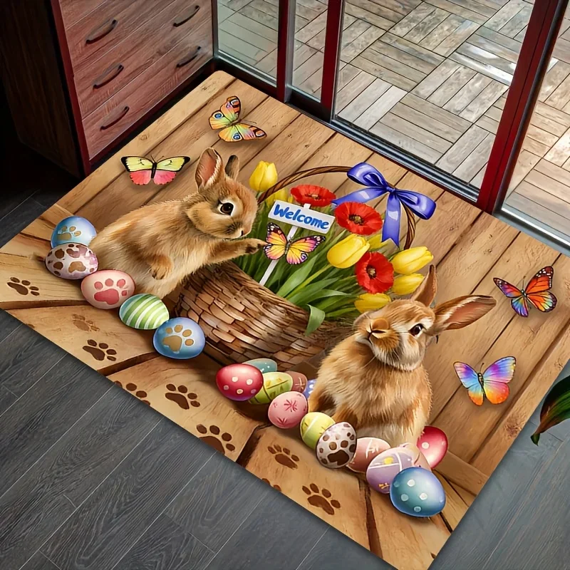1pc Easter Bunny & Eggs Welcome Area Rug, Farmhouse Wood‑grain Background With Basket Floral, Tulip And Butterfly Print