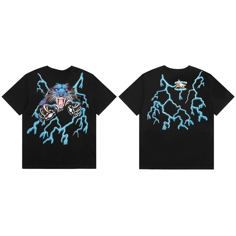 

American Fashion Brand Lightning Leopard Print Graphic T-shirt Men's and Women's Short Sleeve T-shirt Men's Clothing Streetwear
