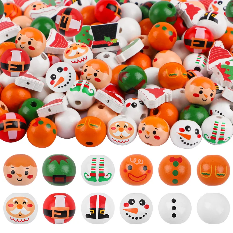 

48/80pcs Christmas Santa Claus Gingerbread Man Wooden Bead Set DIY Xmas Tree Hanging Ornament Home Decoration Bracelets Making