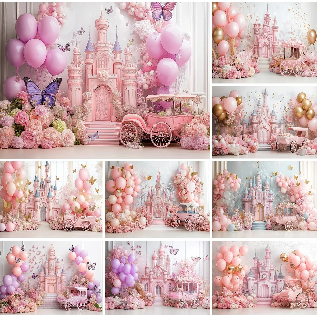 VIKAMA Dreamy Pink Castle Carriage Backdrop Ideal for Children's Birthday Parties and Parent-Child Portrait Photography
