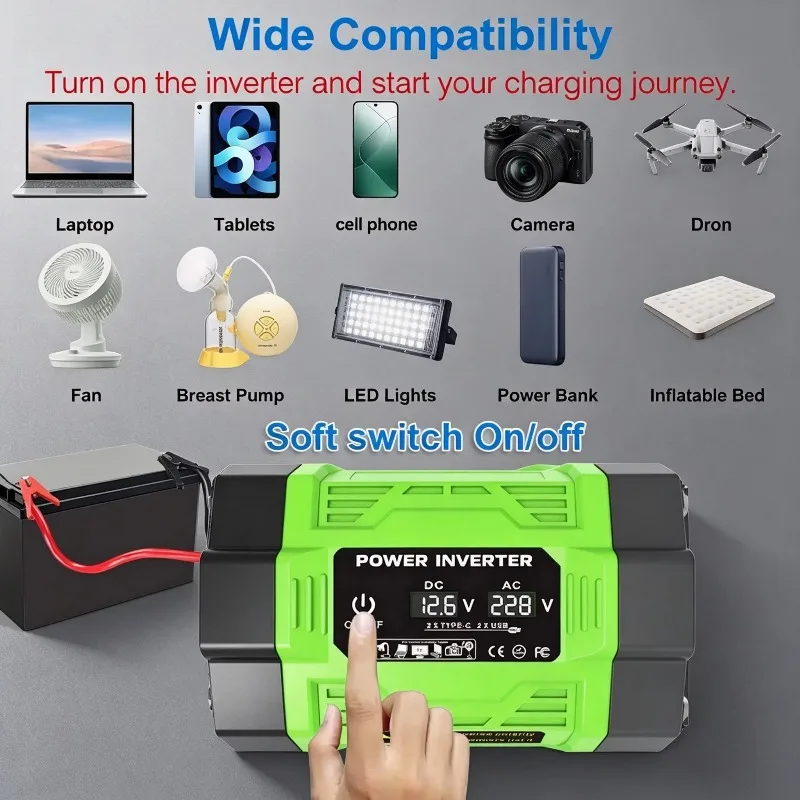 1000W Car Power Inverter (Peak), 1000W Car Charger, Rated Power 500W, Car Power Inverter Dc 12V to 220V Voltage,