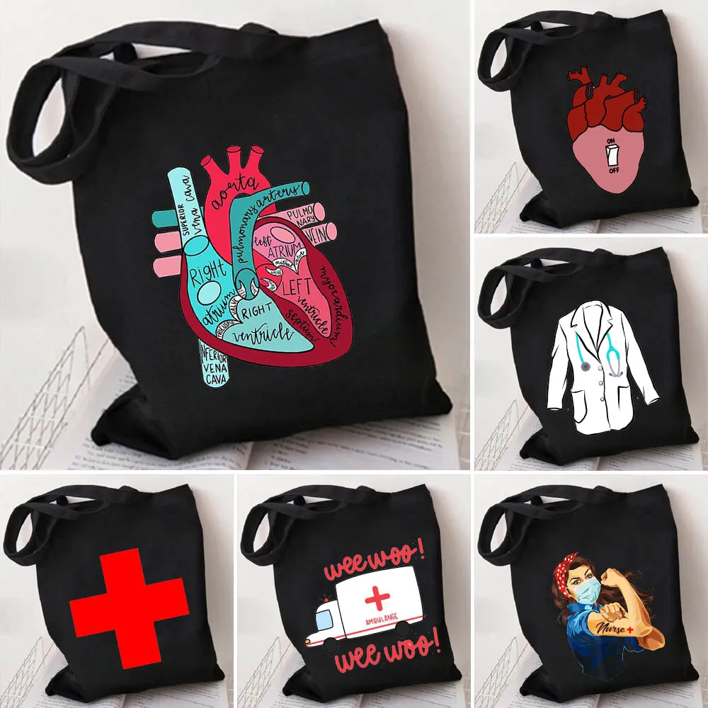 Medizin Gesundheit Herz Gehirn Doktor Nurse Medical Kreuz Floral Stethoskop Männer Frauen Schulter Leinwand Totes Taschen Einkaufen Handtaschen