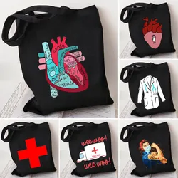 Medicine Health Heart Brain Doctor Nurse Medical Cross Floral Stethoscope Men Women Shoulder Canvas Totes Bags Shopping Handbags