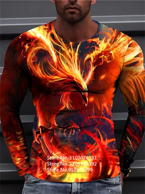 Camiseta de manga larga con estampado 3D de Fenix de fuego para hombre camisa de cuello redondo con estampado de pajaros y animales moda Hip hop