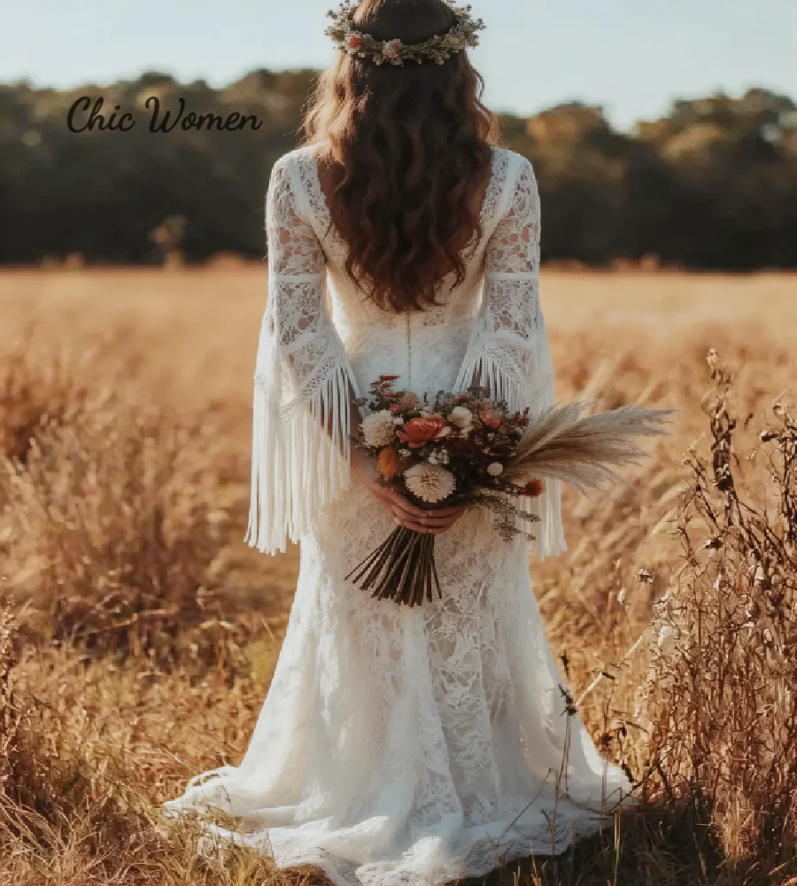 Ethereal Bohemian Lace Wedding Dress With Fringe Hippies Boho Outdoor Rustic Bridal Gowns 2026 Long Sleeve Civil Country Western