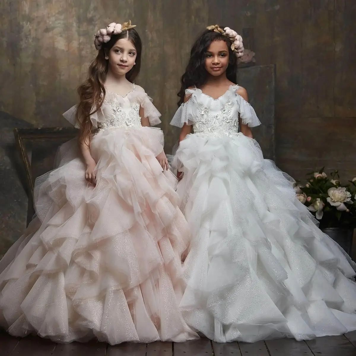 Girls Pageant Dresses Ball Gown Tulle Ruffled Flower Girl Dresses For Weddings Mini Quinceanera Dresses Kids Baby Customized