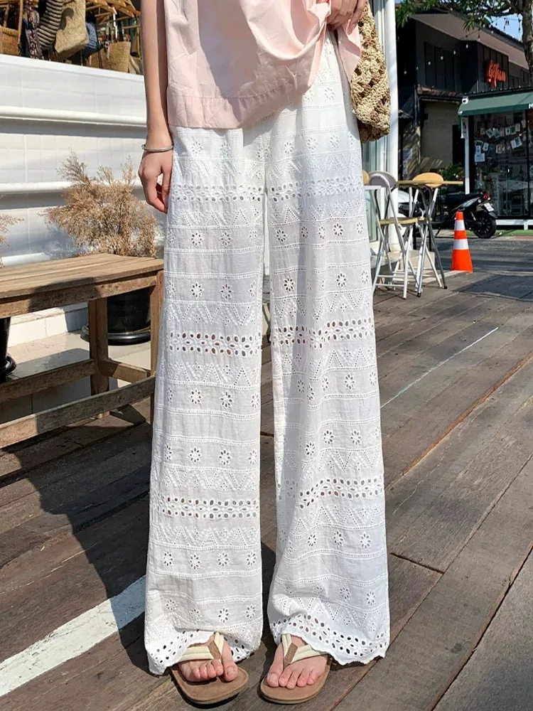 

Женские летние вязаные крючком белые кружевные брюки в стиле бохо, длинные брюки в пляжном стиле, элегантные женские хлопковые брюки-палаццо длиной до пола