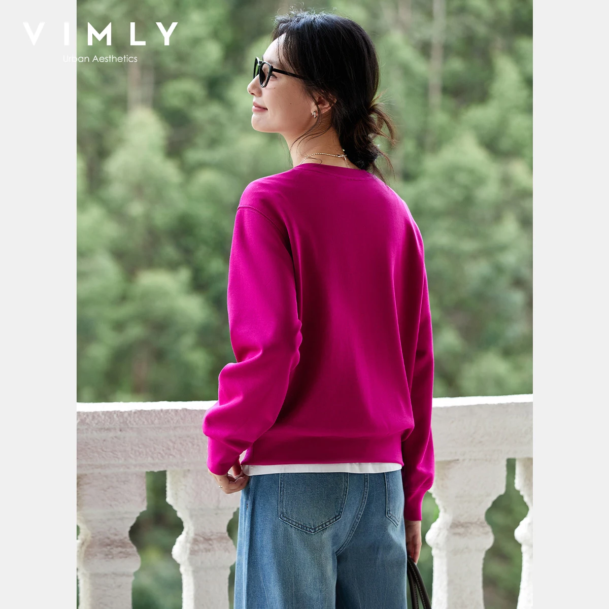 VIMLY Woman Sweatshirts Red Embroider Round Neck Long Sleeve Ladies Tops Autumn 2025 New Knitted Loose Sweatshirts Female A2211