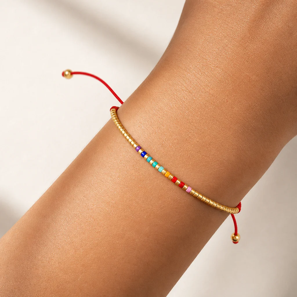 1pc Round Beaded Strand Bracelet Gold Tone Copper with Multicolor Beads Lace-Up Adjustable Trendy Unisex Bracelet