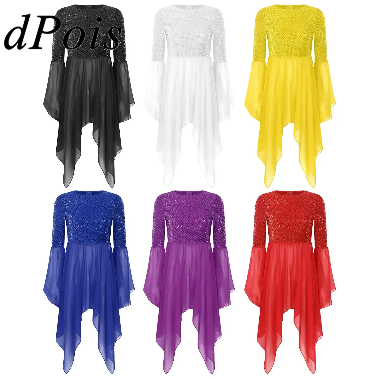 

Women Chiffon Liturgical Worship Dress Praise Dance Tunic Irregular Hem Overlays Modern Dance Costume Halloween Festival Costume