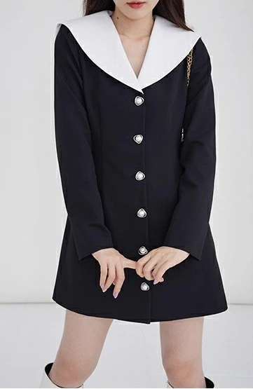 Vestido de gola marinha para mulheres senhora manga longa vestido linha a elegante design de duas camadas fino ajuste bonito roupa formal outono uso diário