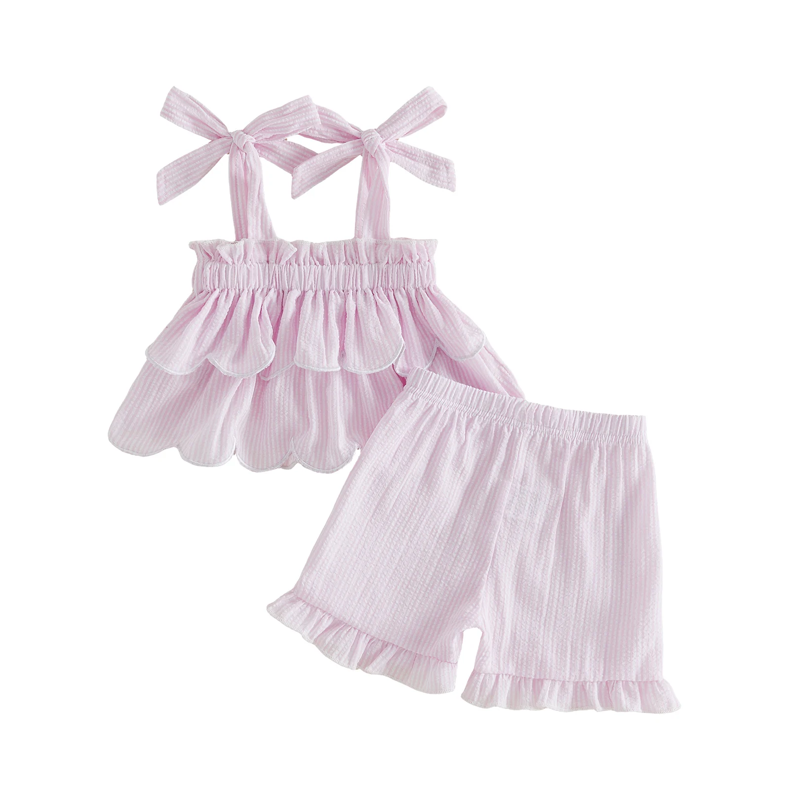 Kids Girls Shorts Set, Tie-up Layered Camisole with Shorts Striped Summer 2-piece Outfit