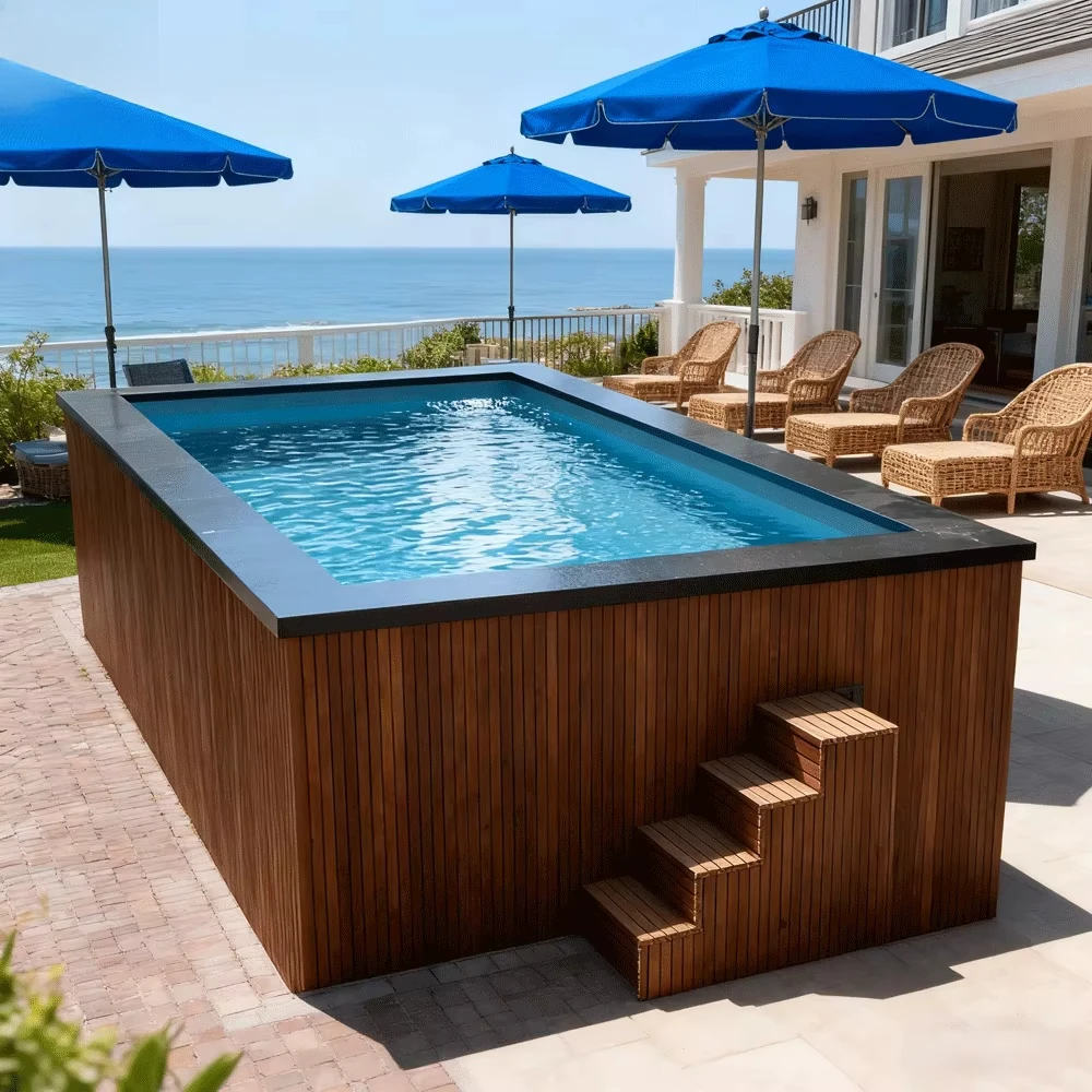 Piscina Elevada Personalizada con Marco de Madera y Material Compuesto para Terraza, Piscina Contenedor con Plataforma, Plataforma Retráctil para Piscina con Deck
