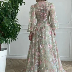 Exquisite Applique Embroidery Women'S Gauze Evening Gown Long Sleeve Floor-Length Formal Occasion Party Dress V Lead Dance Dress