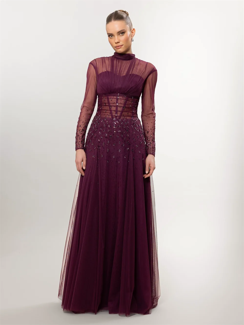 

Customized Tulle Pleat Purple Ball Sequined Flower A-line High Collar Floor-Length Evening Dresses For Birthday Party