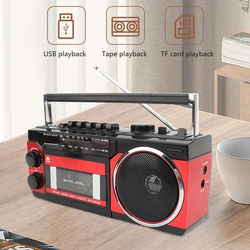 Retro Desktop Cassette Recorder Player AM/FM Portable Radio with Auto Stop USB/TF Card Support