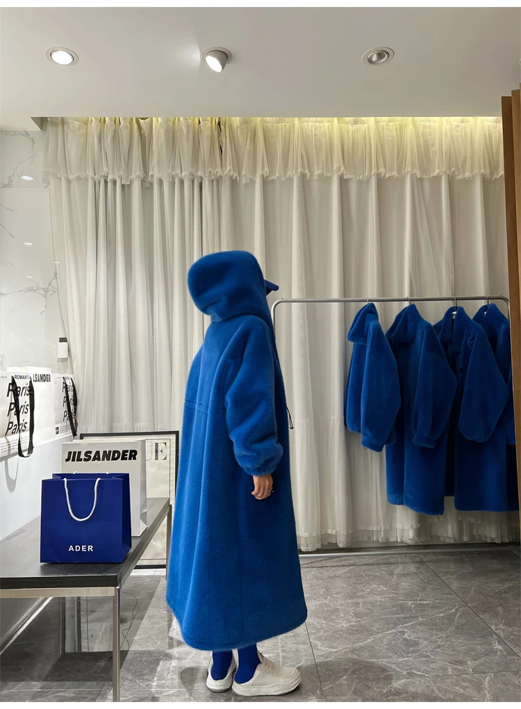 Lautaro Winter Long Oversized Warm Thick Blue White Fluffy Faux Fur Coat Women with Hood 2022 Loose Casual Korean Style Fashion
