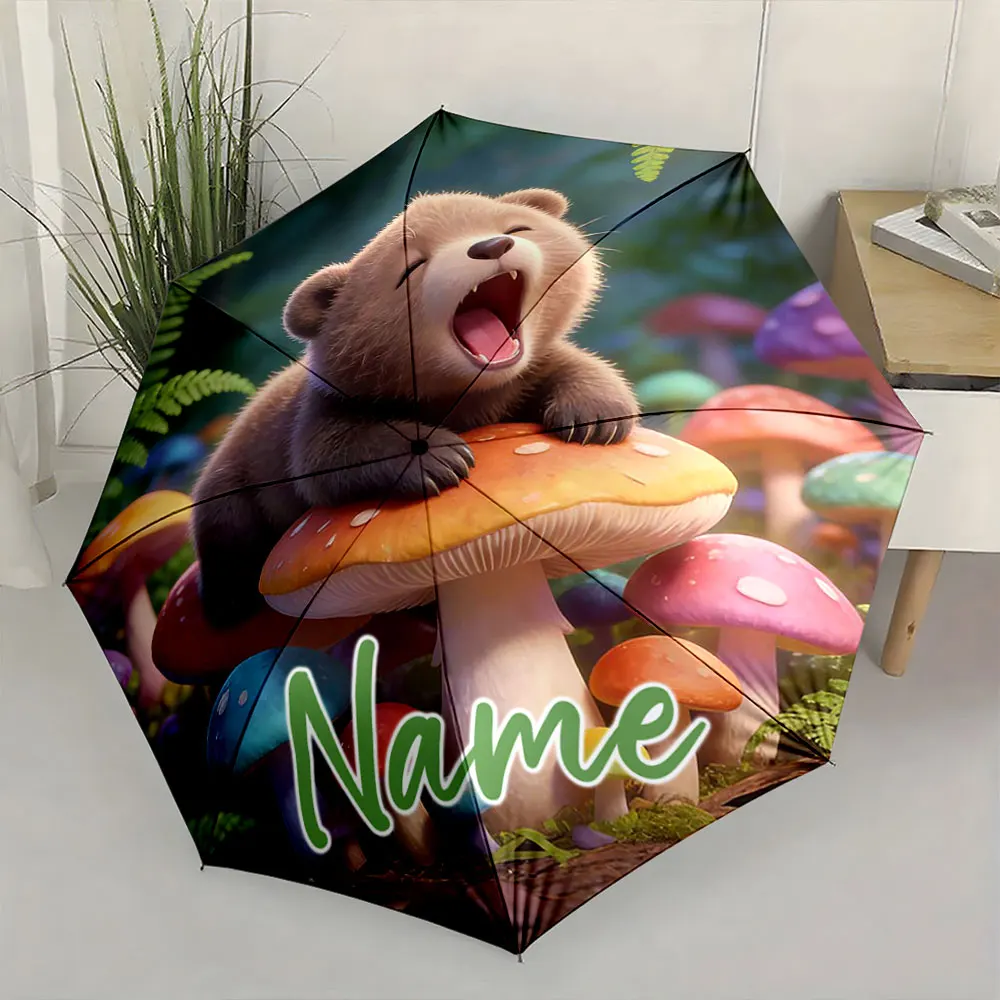 Custom Name Bear Cub Yawning on Colorful Mushrooms Umbrella Print 8 Iron Ribs Folding Umbrella Auto-Open Fashion Sunshade
