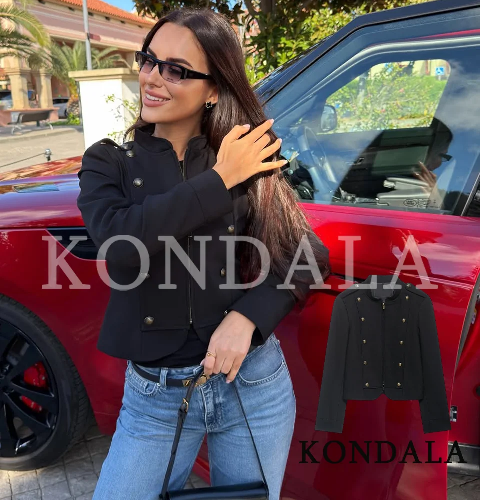 KONDALA Vintage Elegant Slim Jacket Women Fashion Retro Zipper Jacket with Epaulettes 2026 Spring Summer New Trends Lady Jacket