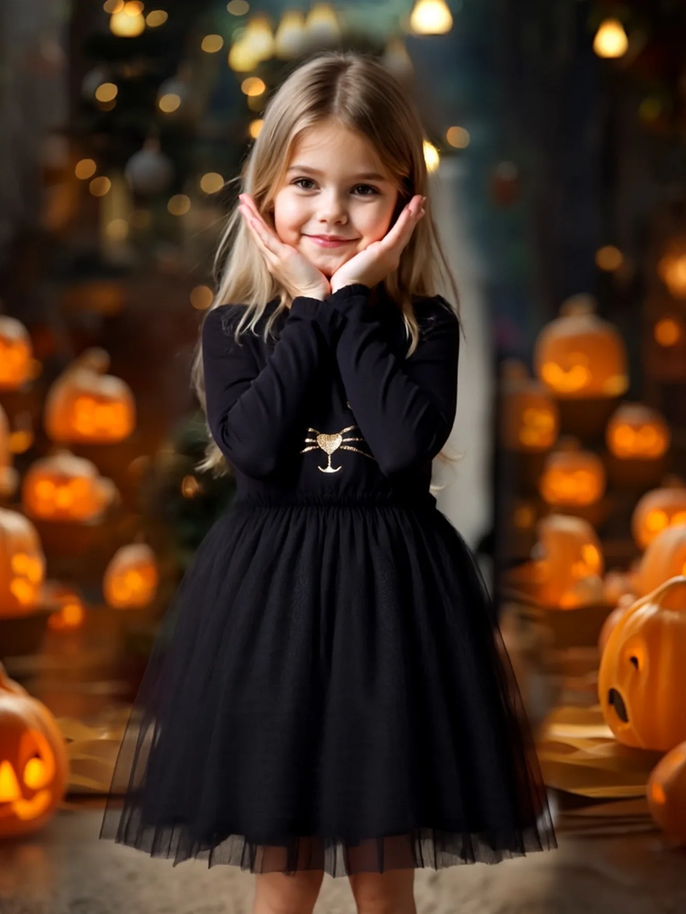 2026 Spring Autumn New Children Long Sleeves Round Neck Knit Princess Dress 3-8Years Girls Cartoon Black Mesh Casual Dress