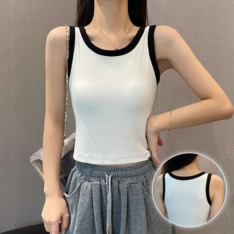 Women Summer Camisole Laced Bra-top Tank Top Built-in Bra Ribbed Vest Plus Size U Neck Cropped Camisole Sleeveless With Corset