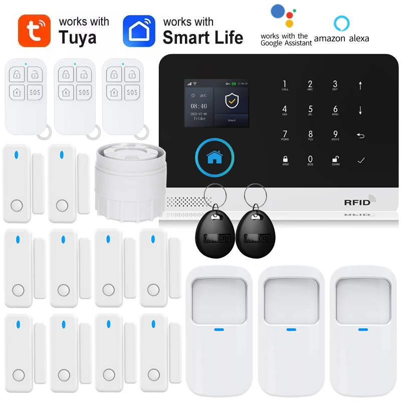 

Комплект системы безопасности и защиты для умного дома 2G GSM WiFi с поддержкой Alexa и Tuya Smart Life: датчик движения, магнитный датчик для дверей, иммунный к животным, сигнализация
