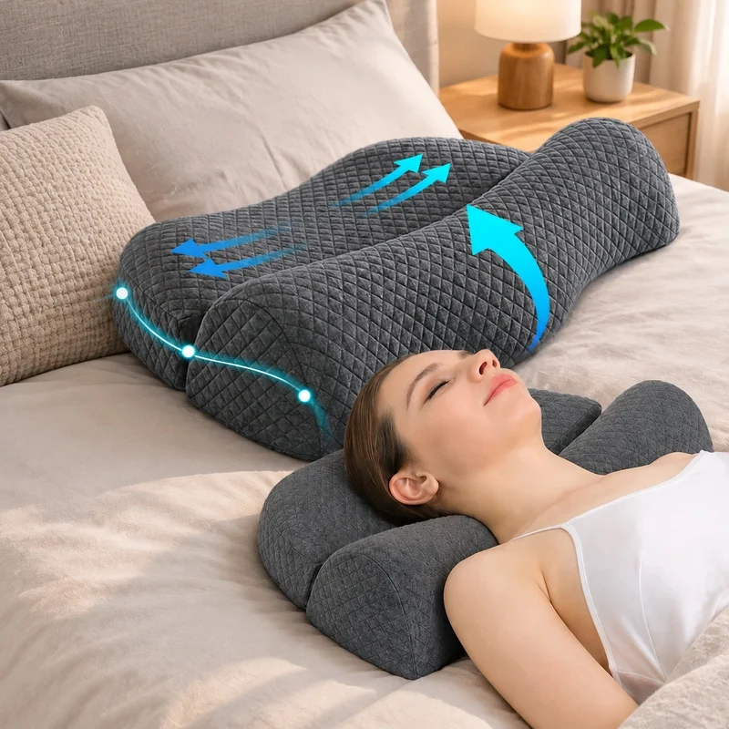 Contour-shaped pillow designed to support neck and shoulders, enhancing posture and sleep quality