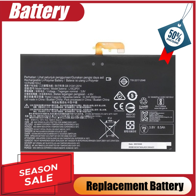 

Tablet Battery 3.8V 8500mAh L15C2P31 For Lenovo Yoga Book YB1-X90F X91F X91L X91X Replacement Battery Brand-New High Quality