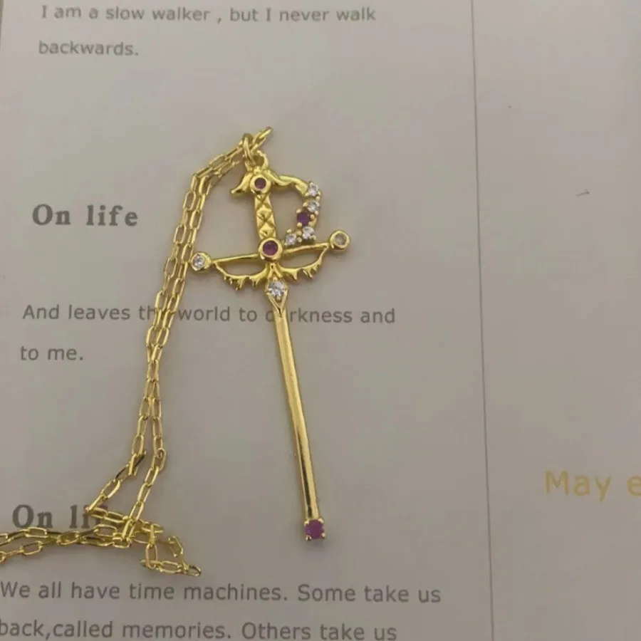 

French Vintage 18K Gold Color Ruby Zircon Sword Cross Pendant Necklace With Chain Unisex Retro Knight Fine Jewelry Men Accessory
