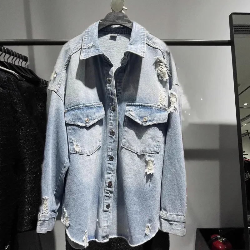 

Женская джинсовая куртка оверсайз Зима 2026 с длинным рукавом и отложным воротником, осенняя свободная верхняя одежда в корейском стиле