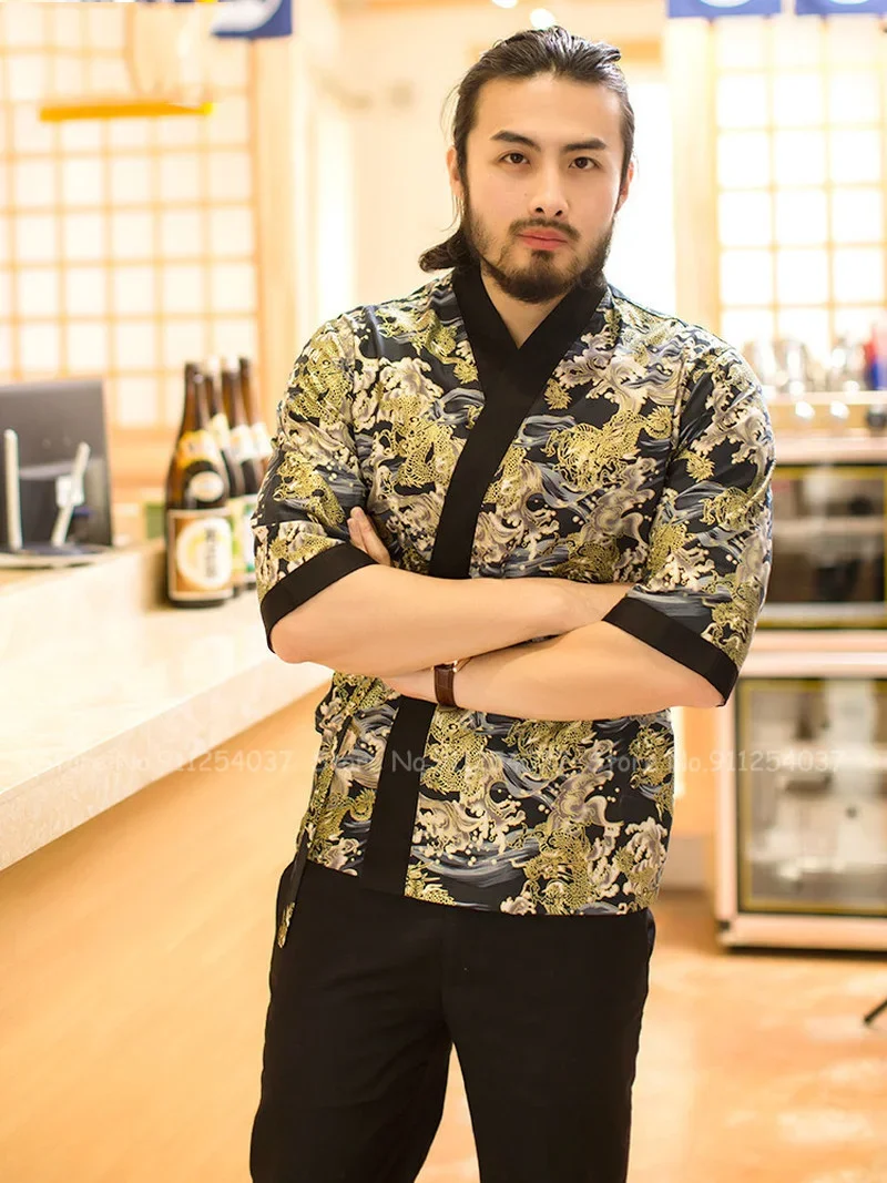 Uniforme de travail de chef de restaurant de sushi pour hommes, kimono imprimé, manteau en Y, robe de service alimentaire, vestes de cuisine de style japonais, chemise chemisier