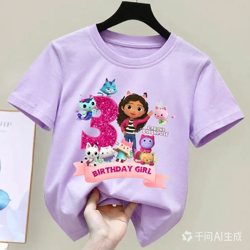 Gabbys Dollhouses Birthday Number T-shirt Girls Pink Purple Short Sleeve T-shirts Tops Cotton Summer Casual Party Supplies Tee